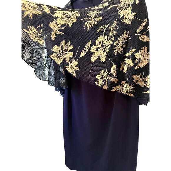 MARINA Womens Navy Blue Gold Sheer Capelet Overlay Dress Plus Sz 2X New - Picture 5 of 9